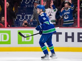 Canucks centre Elias Pettersson celebrates the game-winning shootout goal against the Seattle Kraken on Dec. 22, 2022 at Rogers Arena, capping the super Swede’s five-point night.