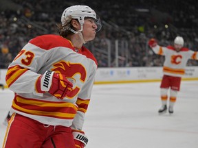 Flames winger Tyler Toffoli celebrates his goal on Dec 22 at Los Angeles. In 2020-21 he blitzed the Canucks with 13 points (8-5) in eight games as a member of the Canadiens.