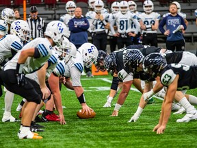The Robert Bateman Timberwolves defence (right) is poised for the snap against the College Heights Cougars in their Double A semifinal game last weekend.