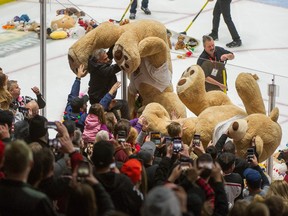 Giants Michal Kvasnica scored to set off the flinging of the teddy bears during the annual Teddy Bear Toss game between Vancouver and the Tri-City Americans at Rogers Arena on Dec. 8, 2019.