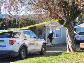 RCMP on scene of a homicide at a residence on the 9700 Block of Windsor St. in Chilliwack, BC., on Dec. 14, 2022.