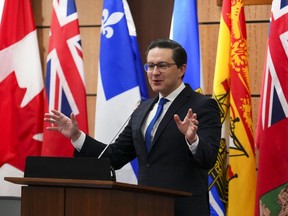 Conservative leader Pierre Poilievre addresses caucus during a meeting on Parliament Hill in Ottawa on Wednesday, Dec. 14, 2022.