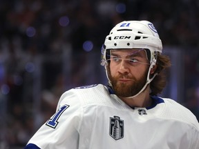 Brayden Point of the Tampa Bay Lightning looks on during the first period against the Colorado Avalanche in Game One of the 2022 Stanley Cup Final at Ball Arena on June 15, 2022.