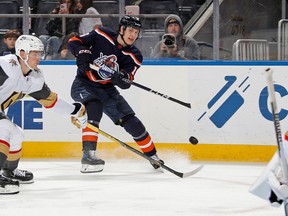 Aatu Raty takes a shot against Logan Thompson of the Vegas Golden Knights at the UBS Arena on January 28, 2023 in Elmont, New York.