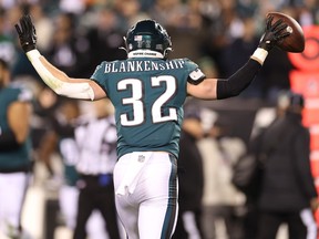 Reed Blankenship #32 of the Philadelphia Eagles celebrates after recovering a fumble against the San Francisco 49ers during the fourth quarter in the NFC Championship Game at Lincoln Financial Field on January 29, 2023 in Philadelphia, Pennsylvania.