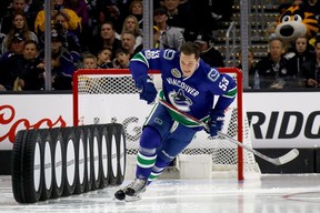 Bo Horvat #53 of the Vancouver Canucks competes in the Bridgestone NHL Fastest Skater event during the 2017 Coors Light NHL All-Star Skills Competition as part of the 2017 NHL All-Star Weekend at STAPLES Center on January 28, 2017 in Los Angeles, California.