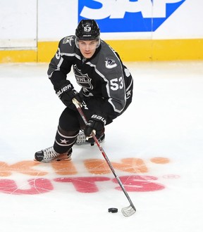 Bo Horvat #53 of the Vancouver Canucks handles the puck against the Metropolitan Division All-Stars during the 2017 Honda NHL All-Star Tournament Final between the Pacific Division All-Stars and the Metropolitan Division All-Stars at Staples Center on January 29, 2017 in Los Angeles, California.