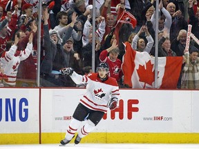 Jordan Eberle celebrates a game-winning shootout goal against Russia in a world junior hockey championship semi-final on Jan. 3, 2009 in Ottawa. Canada defeated Russia 6-5 en route to winning the gold medal.