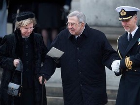Constantine II, former King of Greece (centre), and his wife Anne-Marie, former Queen of Greece and Danish royal (left), as they arrive at Christiansborg Palace Chapel for the funeral of Prince Henrik of Denmark, husband of Margrethe II of Denmark, in Copenhagen, Denmark in February 2020.