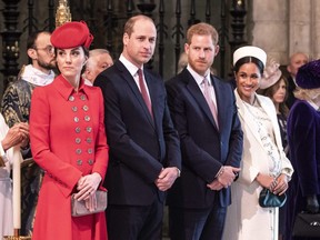 From left, Kate, the Duchess of Cambridge, Prince William, Prince Harry and Meghan, the Duchess of Sussex attend the Commonwealth Service with other members of the Royal Family at Westminster Abbey in London, Monday, March 11, 2019.