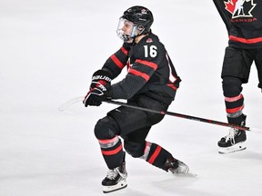 Connor Bedard celebrates his game-winning goal against Team Slovakia during overtime in the quarterfinals of the 2023 IIHF World Junior Championship at Scotiabank Centre on January 2, 2023 in Halifax, Nova Scotia, Canada.