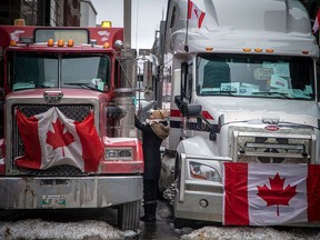 File photo: A woman greets a truck driver on Feb. 6, 2022, during the 'Freedom Convoy' protests in downtown Ottawa.