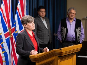Minister of Energy, Mines and Low Carbon Innovation Josie Osborne speaks at a press conference in Victoria on April 1, 2023.