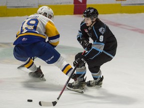 Chilliwack’s Zach Benson (right), who plays for the WHL’s Winnipeg Ice, will get to flash his high-end talent at Wednesday’s Top Prospects Game in front of family and friends at the Langley Events Centre.