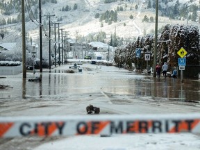 Flood waters cover a neighbourhood a day after severe rain prompted the evacuation of Merritt in November, 2021.