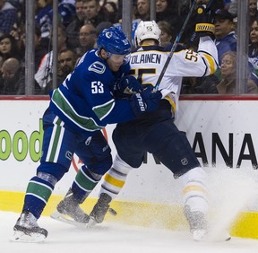 Vancouver Canucks #53 Bo Horvat ties up Buffalo Sabres #55 Rasmus Ristolainen along the boards in the second period of a regular season NHL hockey game at Rogers arenaVancouver,  January 18 2019. .Gerry Kahrmann  /  PNG staff photo)