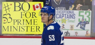 Vancouver Canucks #53 Bo Horvat during the presume skate prior to playing the LA Kings  in a regular season NHL hockey game at Rogers Arena, Vancouver, October 09 2019.   Gerry Kahrmann  /  PNG staff photo)