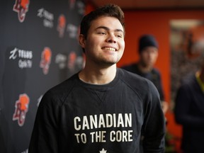 Quarterback Nathan Rourke is all smiles during his farewell news conference on Tuesday at the B.C. Lions’ training facility in Surrey. The 24-year-old Rourke is joining the NFL’s Jacksonville Jaguars.