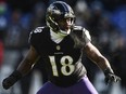 Baltimore Ravens linebacker Roquan Smith drops back in pass coverage during a Dec. 24, 2022 National Football League game at M&T Bank Stadium in Baltimore, Md.