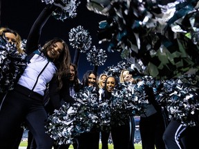 Philadelphia Eagles cheerleaders celebrate after a victory against the New York Giants at Lincoln Financial Field.