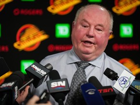 Bruce Boudreau fields reporters’ questions on his final night as head coach of the Vancouver Canucks last week.
