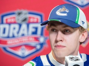 Jonathan Lekkerimaki speaks after being selected 15th overall by the Vancouver Canucks during the 2022 NHL draft in Montreal on July 7, 2022.