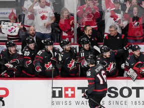 Canada's Connor Bedard celebrates his goal with teammates during first-period action against Slovakia at the world junior hockey championship on Monday.