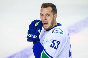 Vancouver Canucks center Bo Horvat (53) during the warmup period against the Calgary Flames at Scotiabank Saddledome. Mandatory Credit: Sergei Belski-USA TODAY Sports