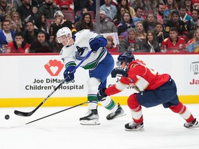 Vancouver Canucks defenceman Tyler Myers (57) shoots the puck against Florida Panthers defenceman Gustav Forsling (42) during the first period at FLA Live Arena Jan. 14, 2023.
