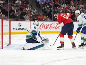 Florida Panthers centre Eric Staal (12) scores a goal on Vancouver Canucks goaltender Spencer Martin (30) during the second period at FLA Live Arena Jan. 14, 2023.
