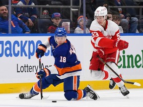 New York Islanders left wing Anthony Beauvillier (18) plays the puck from his knees defended by Detroit Red Wings defenceman Moritz Seider (53) during the first period at UBS Arena on Jan. 27, 2023.