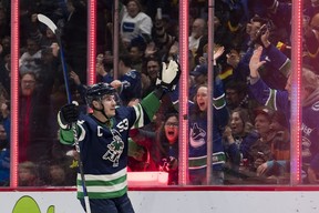 Vancouver Canucks forward Bo Horvat (53) celebrates his goal against the San Jose Sharks in the first period at Rogers Arena. Mandatory Credit: Bob Frid-USA TODAY Sports