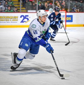 Danila Klimovich skates with the puck during a game at the Abbotsford Centre earlier this season.