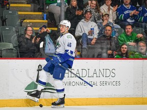 File photo: Abbotsford Canucks forward Danila Klimovich celebrates after scoring a goal at the Abbotsford Centre last season.