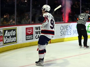 The Regina Pats' Connor Bedard celebrates his first of three goals against the Medicine Hat Tigers on Sunday at the Brandt Centre.