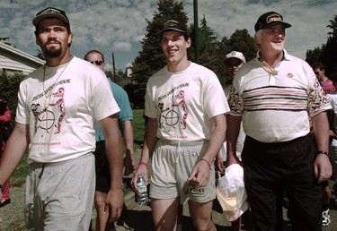 From left: Sandy McCarthy, Gino Odjick, and Pat Quinn walk the last part of the Journey of Spiritual Healing from Calgary to Musqueam Reserve in Vancouver in 1995.