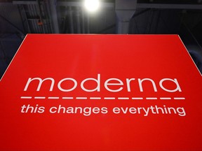 The Moderna, Inc. logo is displayed during the Consumer Electronics Show (CES) in Las Vegas, Nevada, on Jan. 5, 2023.