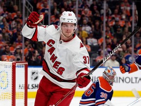 The Carolina Hurricanes’ Andrei Svechnikov celebrates a goal against the Edmonton Oilers during second period NHL action at Rogers Place in Edmonton, Thursday, Oct. 20, 2022.