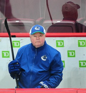 Canucks head coach Bruce Boudreau during practice at Rogers Arena in Vancouver on Jan. 17, 2023.