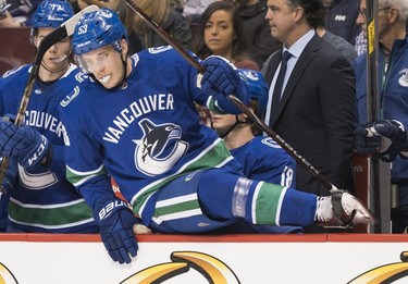 Bo Horvat #53 of the Vancouver Canucks during a NHL game against the Columbus Blue Jackets in Vancouver, BC, March, 31, 2018. (Richard Lam/PNG)