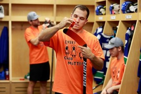 Handout photo of Bo Horvat wearing 'Every Child Matters' t- shirt pre-game on Sep. 27, 2021 .. Please credit the photo to Vancouver Canucks Image Library.