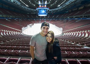 Bo Horvat and his partner Holly Donaldson at Rogers Arena in Vancouver, B.C., October 31, 2017.  For bi-weekly feature on Canucks off the ice. (Arlen Redekop / PNG staff photo)