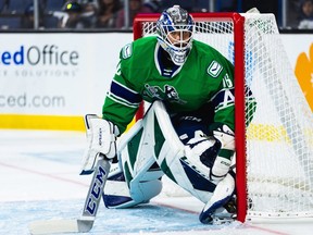 Goalie Arturs Silovs in action with the Abbotsford Canucks in 2022-23.