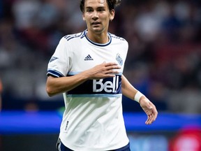 Vancouver Whitecaps' Simon Becher follows the play during the second half of an MLS soccer game against the Houston Dynamo in Vancouver, on Friday, August 5, 2022. Blecher is one of three former Whitecaps FC 2 players who signed MLS deals with Vancouver in November.