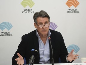 World Athletics President Sebastian Coe holds a press conference at the conclusion of the World Athletics meeting at the Italian National Olympic Committee, headquarters, in Rome, Nov. 30, 2022.