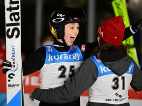 Alexandria Loutitt of Canada celebrates after winning in the women normal hill individual during the FIS Ski Jumping World Cup Zao at Aliontek Zao Schanze on January 13, 2023 in Yamagata, Japan.
