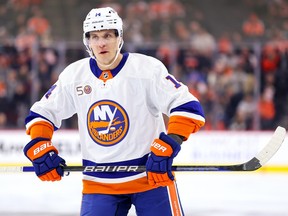 This is going to take some getting used to: Former Canucks captain Bo Horvat in his first NHL game in New York Islanders colours, vs. the Flyers in Philadelphia on Monday.