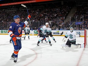 Bo Horvat celebrates his first goal as a New York Islander, connecting in the second period of their Tuesday night game against the visiting Seattle Kraken at UBS Arena in Elmont, N.Y.