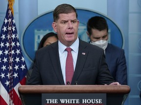 FILE - Labor Secretary Marty Walsh speaks during a briefing at the White House in Washington, May 16, 2022. Walsh is among those on the shortlist to succeed White House chief of staff Ron Klain, who is preparing to leave his job in the coming weeks, according to a person familiar with Klain's plans.