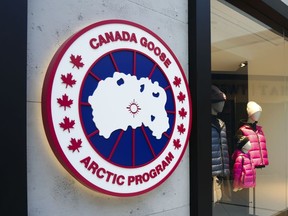 A Canada Goose Clothing Company logo is shown on a storefront in Ottawa on Saturday Sept. 10, 2022.